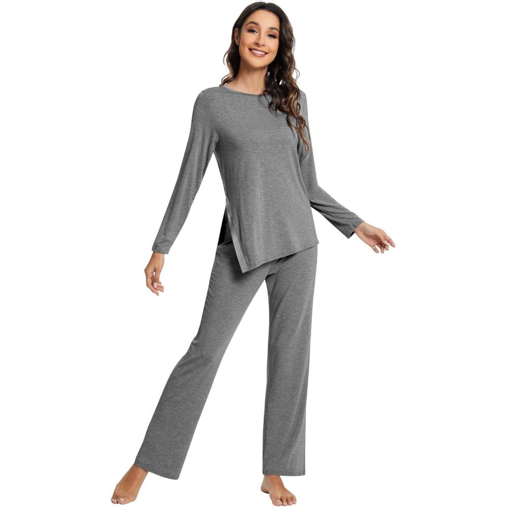 imageWiWi Viscose from Bamboo Pajamas Set for Women Soft Long Sleeve Pj Sleepwear Knit Jammies Pants Lounge Sets Loungewear SXXLAdark Heather Grey
