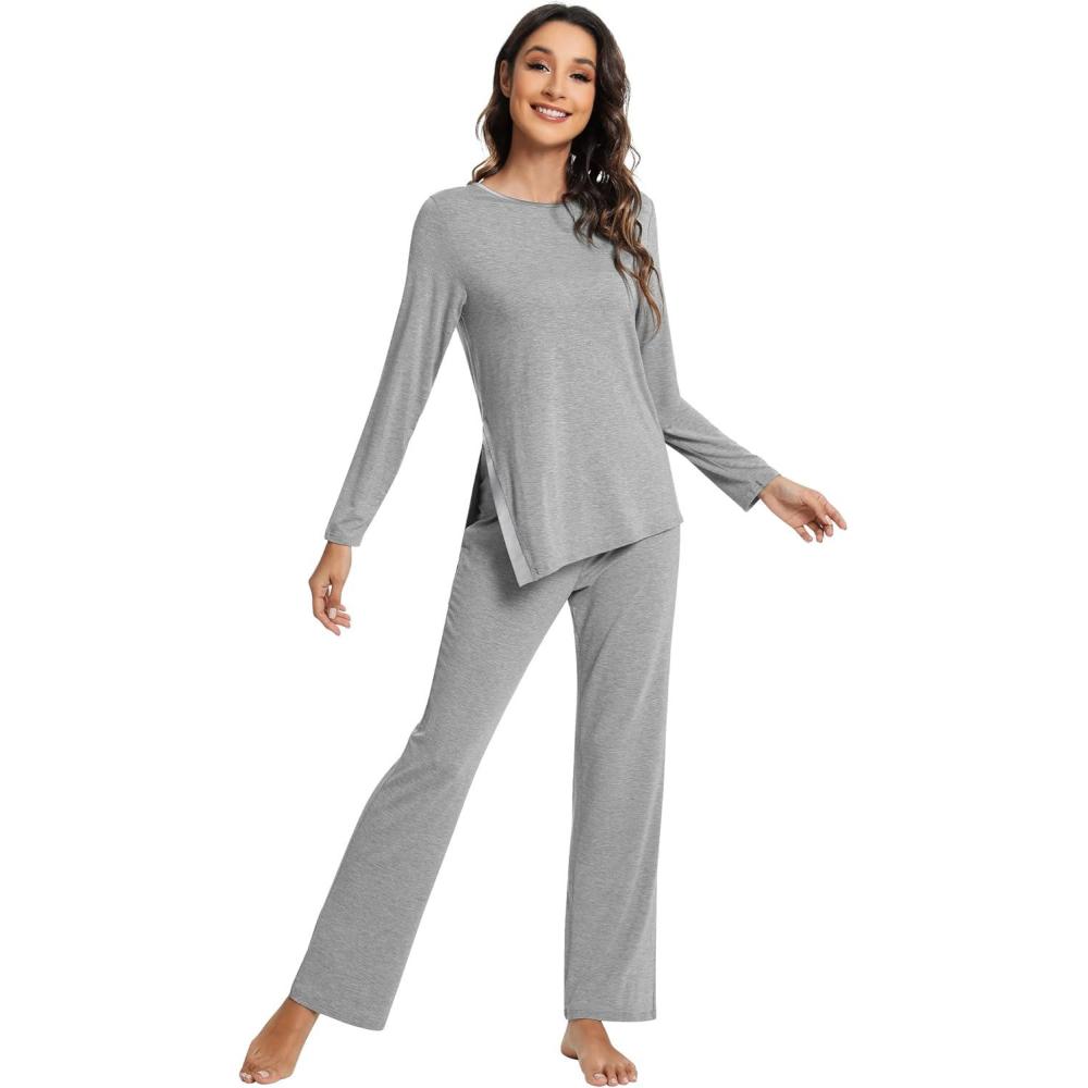 imageWiWi Viscose from Bamboo Pajamas Set for Women Soft Long Sleeve Pj Sleepwear Knit Jammies Pants Lounge Sets Loungewear SXXLAheather Grey
