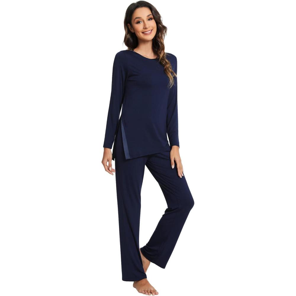 imageWiWi Viscose from Bamboo Pajamas Set for Women Soft Long Sleeve Pj Sleepwear Knit Jammies Pants Lounge Sets Loungewear SXXLAnavy