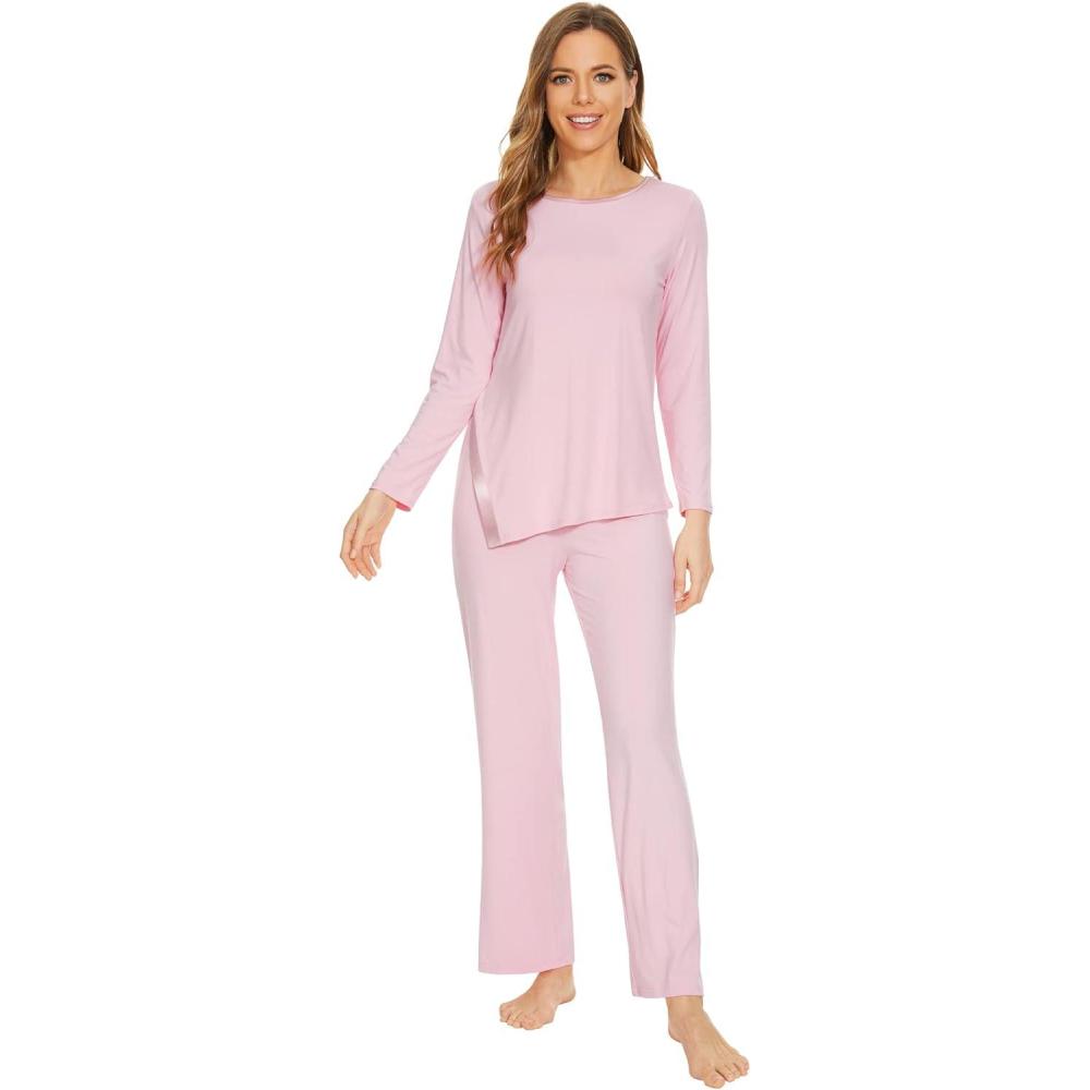imageWiWi Viscose from Bamboo Pajamas Set for Women Soft Long Sleeve Pj Sleepwear Knit Jammies Pants Lounge Sets Loungewear SXXLApink