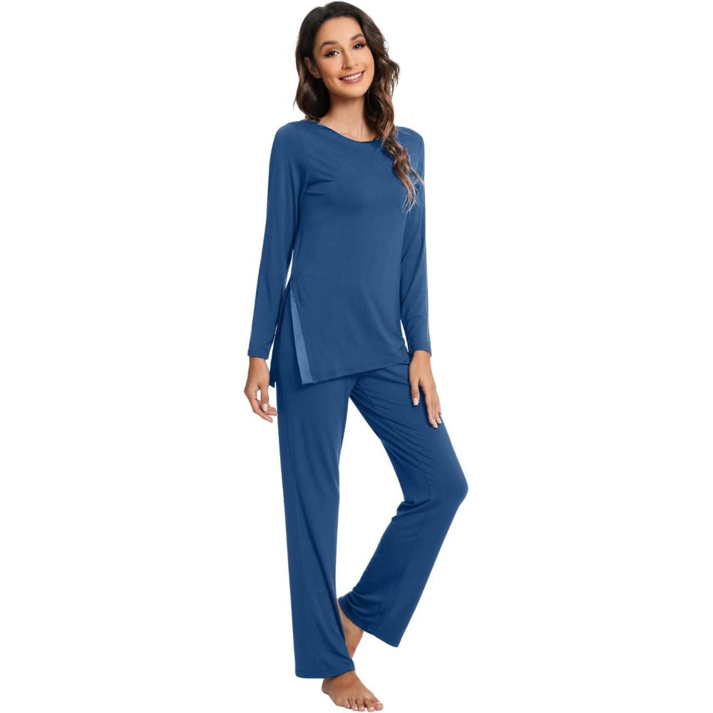 imageWiWi Viscose from Bamboo Pajamas Set for Women Soft Long Sleeve Pj Sleepwear Knit Jammies Pants Lounge Sets Loungewear SXXLAprussian Blue