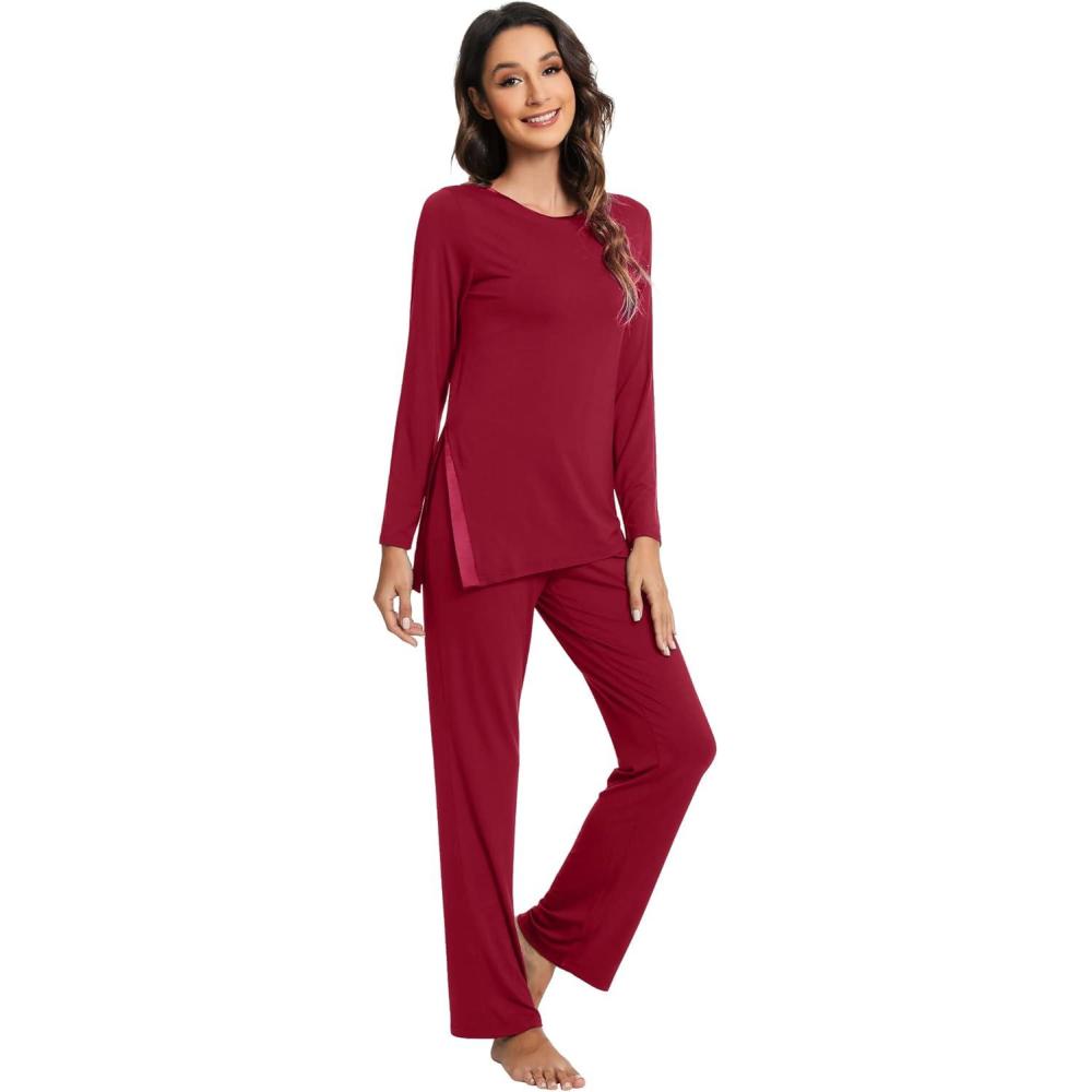 imageWiWi Viscose from Bamboo Pajamas Set for Women Soft Long Sleeve Pj Sleepwear Knit Jammies Pants Lounge Sets Loungewear SXXLAwine Red