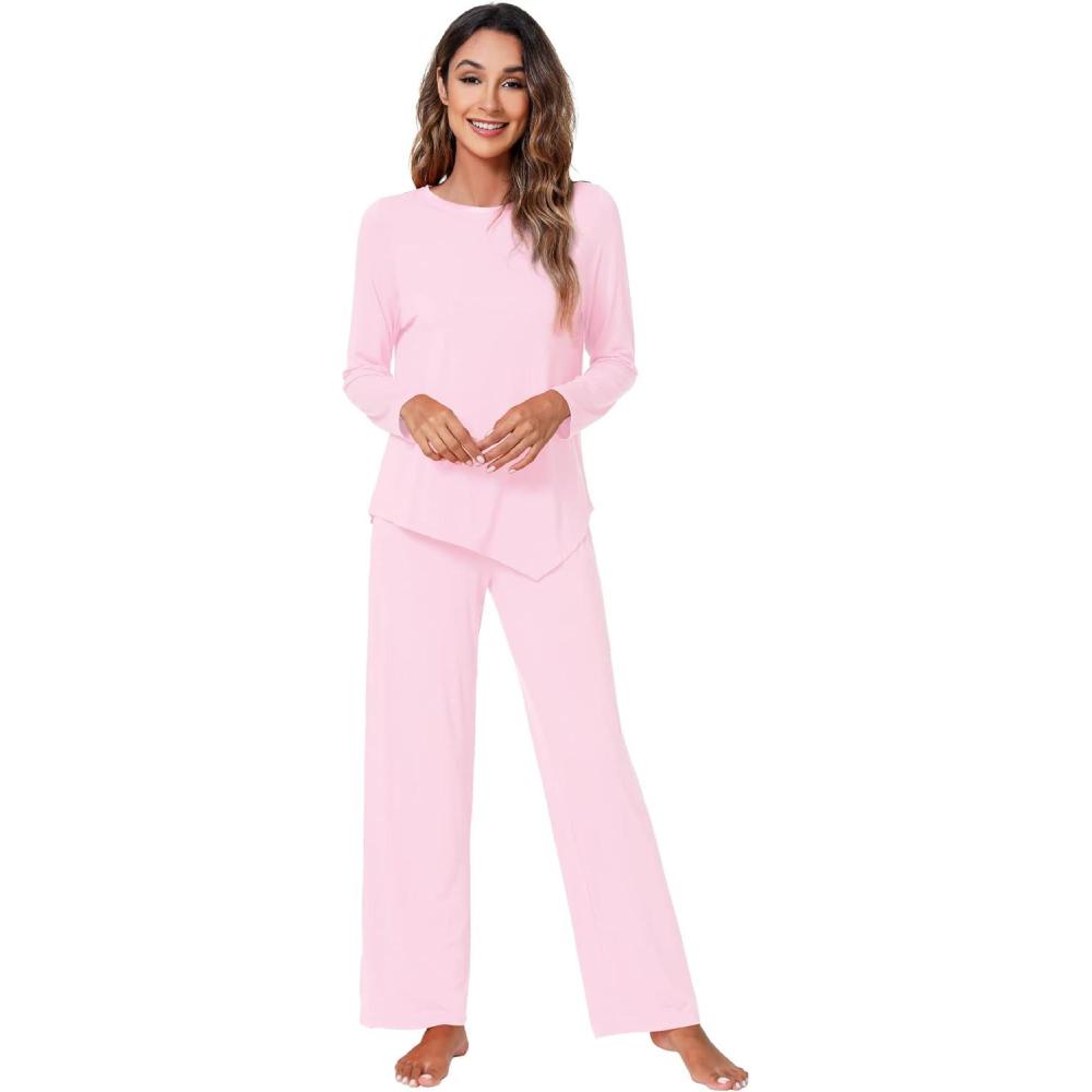 imageWiWi Viscose from Bamboo Pajamas Set for Women Soft Long Sleeve Pj Sleepwear Knit Jammies Pants Lounge Sets Loungewear SXXLBpink