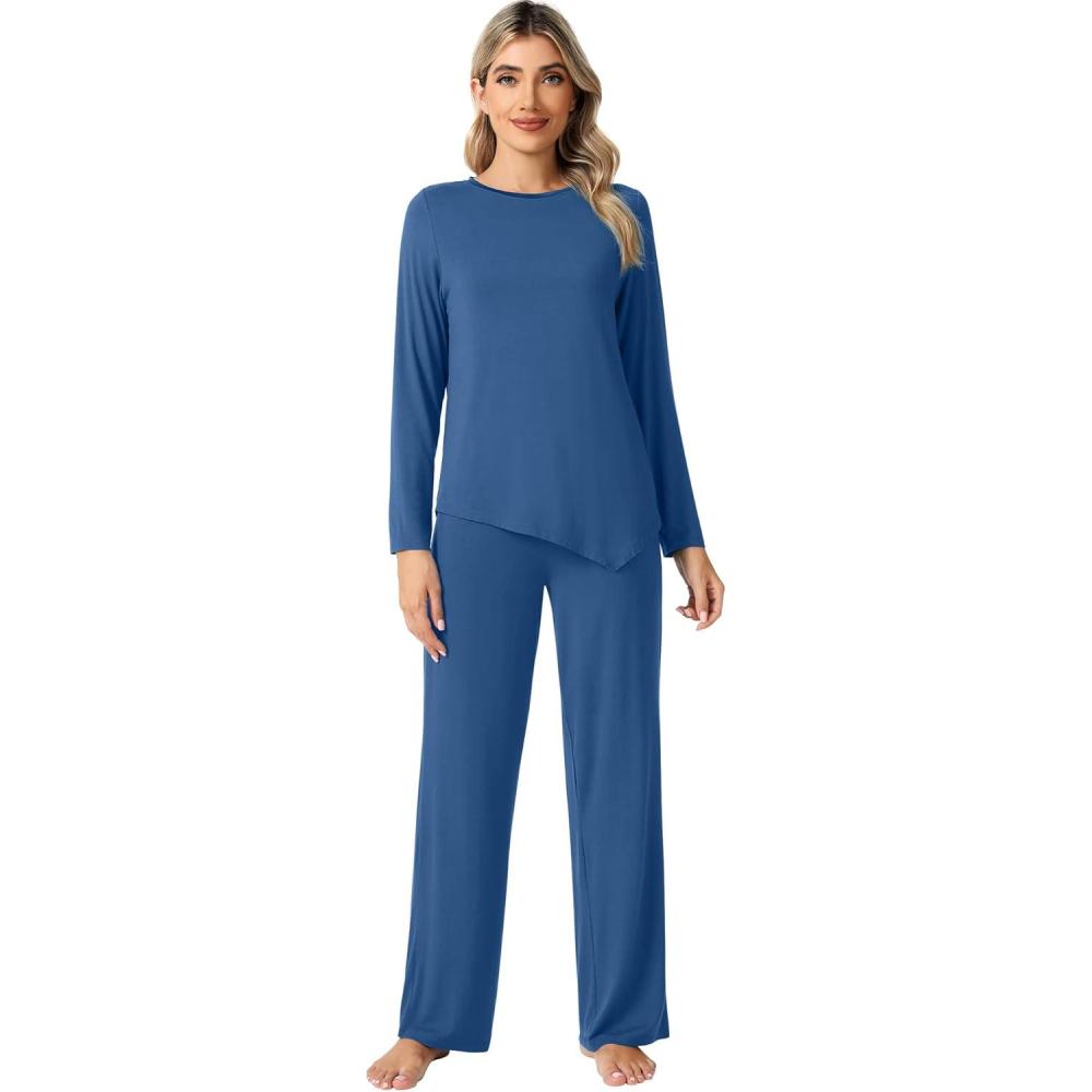 imageWiWi Viscose from Bamboo Pajamas Set for Women Soft Long Sleeve Pj Sleepwear Knit Jammies Pants Lounge Sets Loungewear SXXLBprussian Blue