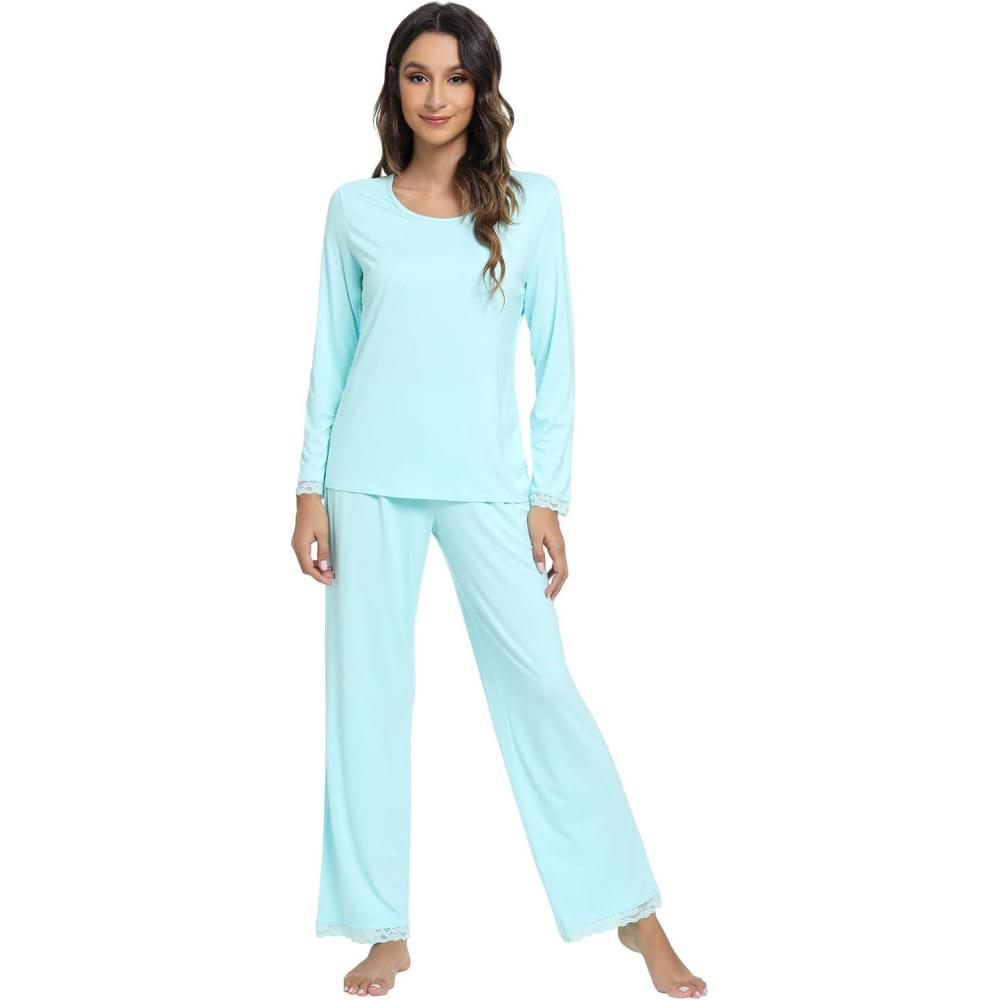 imageWiWi Viscose from Bamboo Pajamas Sets for Women Soft Long Sleeve Sleepwear and Pants Pjs Lounge Set Loungewear SXXLAqua