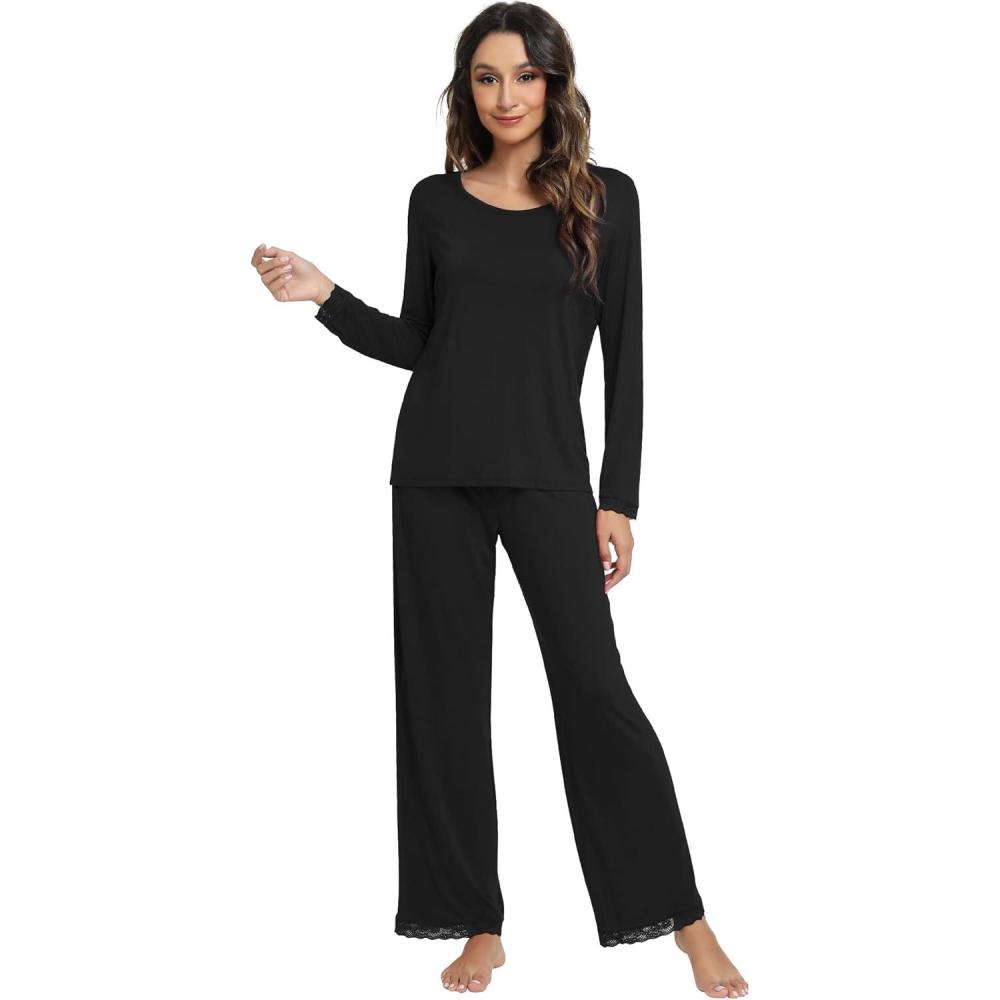 imageWiWi Viscose from Bamboo Pajamas Sets for Women Soft Long Sleeve Sleepwear and Pants Pjs Lounge Set Loungewear SXXLBlack