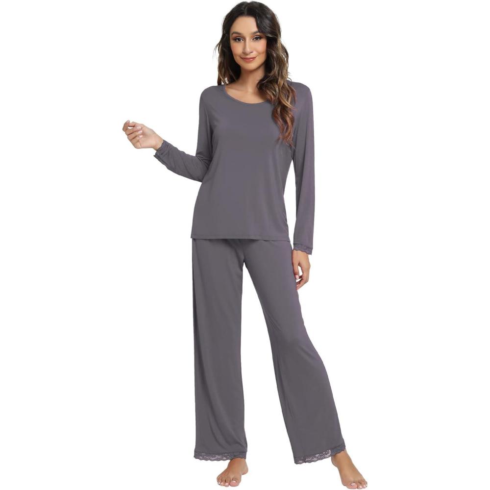 imageWiWi Viscose from Bamboo Pajamas Sets for Women Soft Long Sleeve Sleepwear and Pants Pjs Lounge Set Loungewear SXXLDark Grey