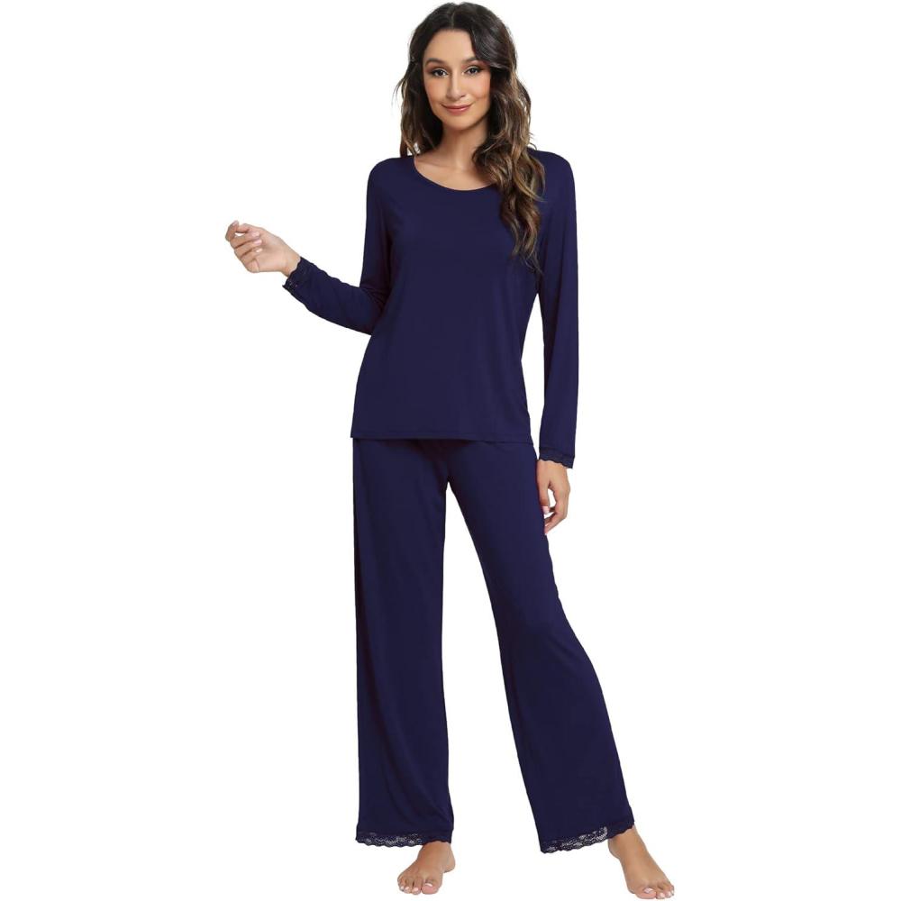 imageWiWi Viscose from Bamboo Pajamas Sets for Women Soft Long Sleeve Sleepwear and Pants Pjs Lounge Set Loungewear SXXLNavy