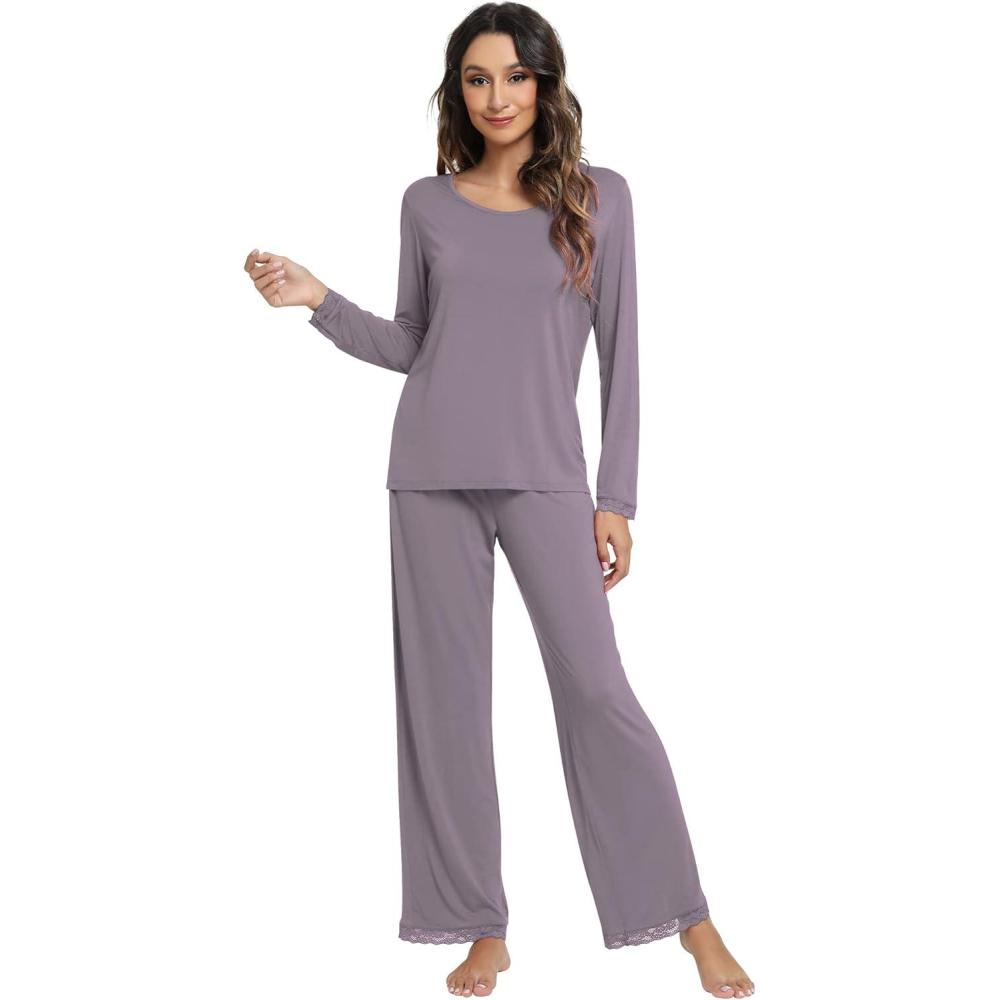 imageWiWi Viscose from Bamboo Pajamas Sets for Women Soft Long Sleeve Sleepwear and Pants Pjs Lounge Set Loungewear SXXLPurplish Grey