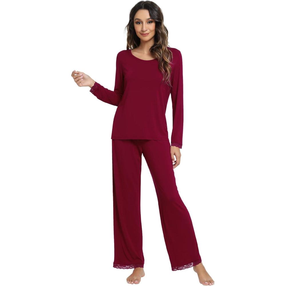 imageWiWi Viscose from Bamboo Pajamas Sets for Women Soft Long Sleeve Sleepwear and Pants Pjs Lounge Set Loungewear SXXLWine