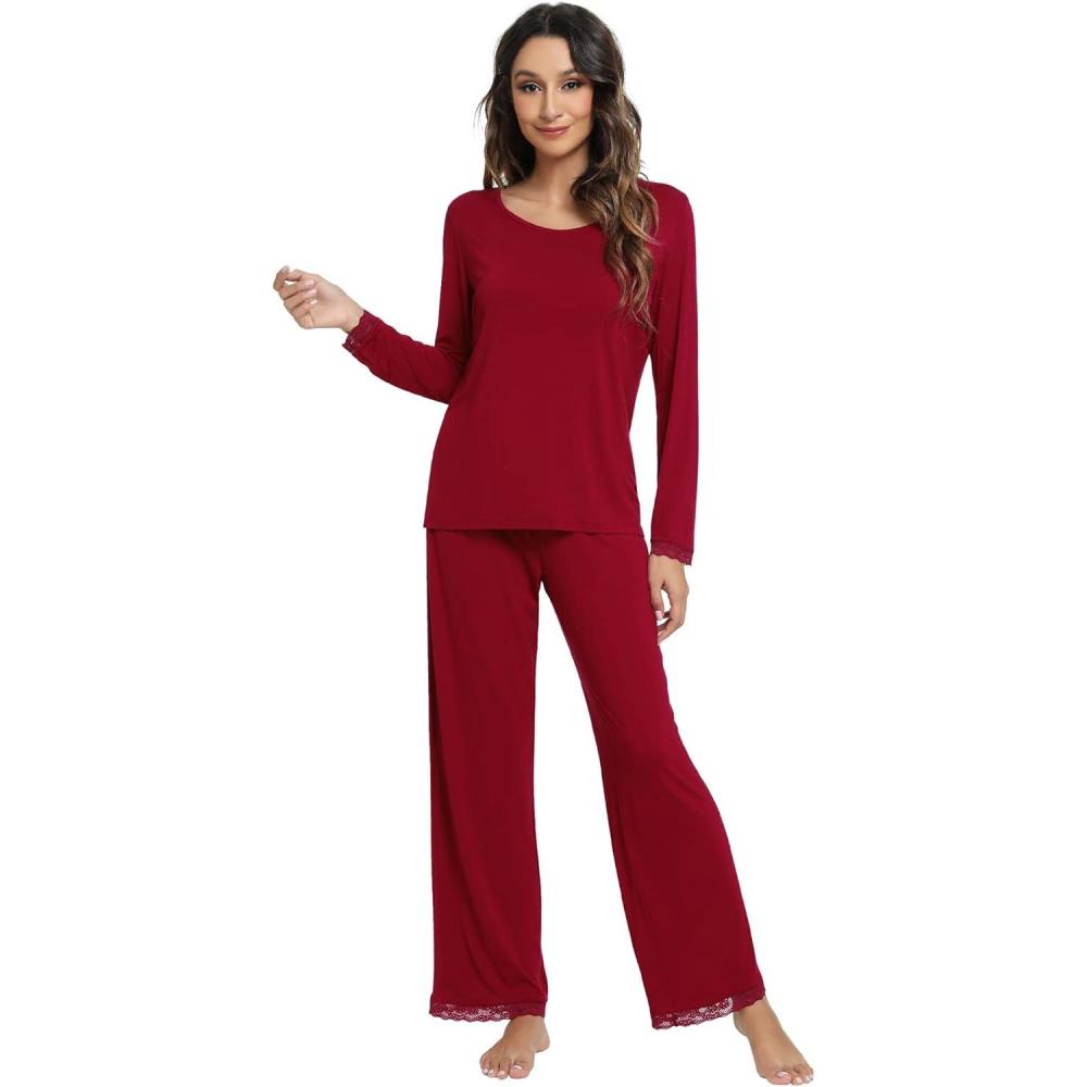 imageWiWi Viscose from Bamboo Pajamas Sets for Women Soft Long Sleeve Sleepwear and Pants Pjs Lounge Set Loungewear SXXLWine Red