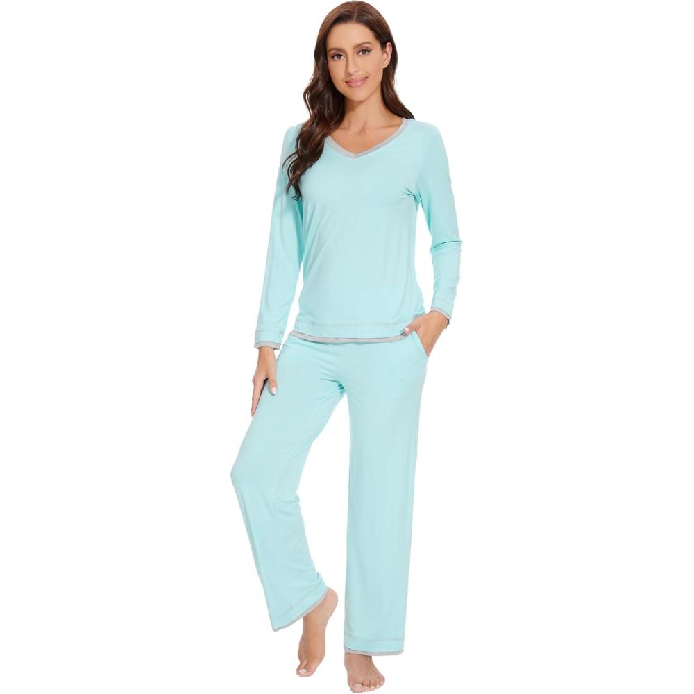 imageWiWi Viscose from Bamboo Pajamas Sets for Women Soft Tops with Pants Sleepwear Vneck Pj Set with Pockets SXXLAqua