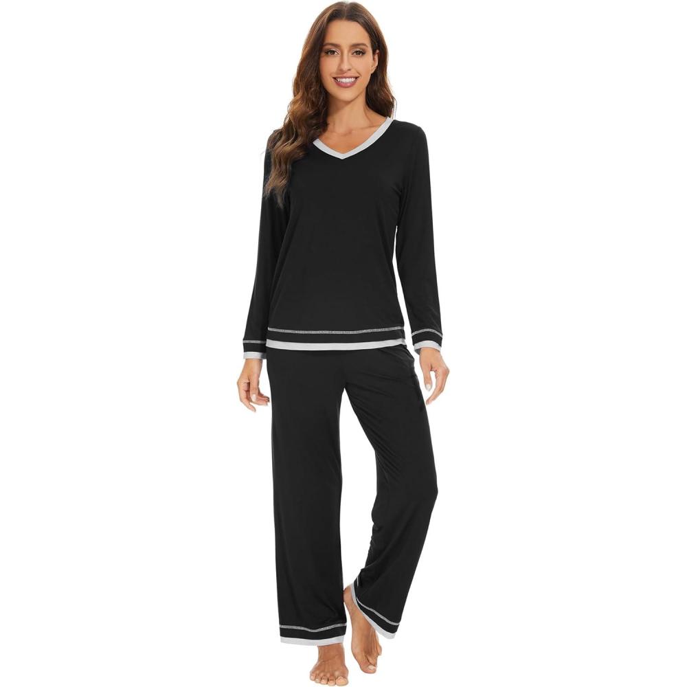 imageWiWi Viscose from Bamboo Pajamas Sets for Women Soft Tops with Pants Sleepwear Vneck Pj Set with Pockets SXXLBlack