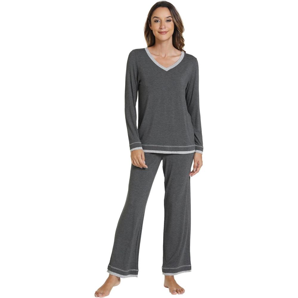 imageWiWi Viscose from Bamboo Pajamas Sets for Women Soft Tops with Pants Sleepwear Vneck Pj Set with Pockets SXXLDark Heather Grey