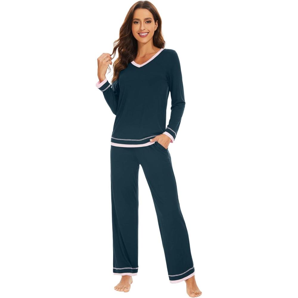 imageWiWi Viscose from Bamboo Pajamas Sets for Women Soft Tops with Pants Sleepwear Vneck Pj Set with Pockets SXXLDeep Teal