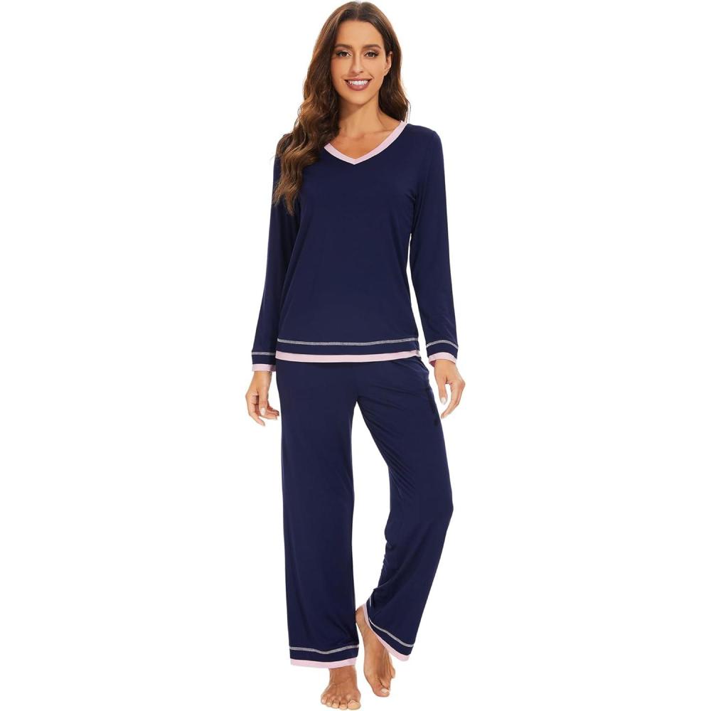 imageWiWi Viscose from Bamboo Pajamas Sets for Women Soft Tops with Pants Sleepwear Vneck Pj Set with Pockets SXXLNavy