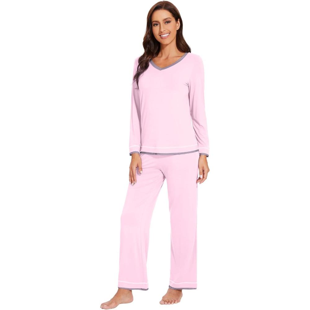 imageWiWi Viscose from Bamboo Pajamas Sets for Women Soft Tops with Pants Sleepwear Vneck Pj Set with Pockets SXXLPink