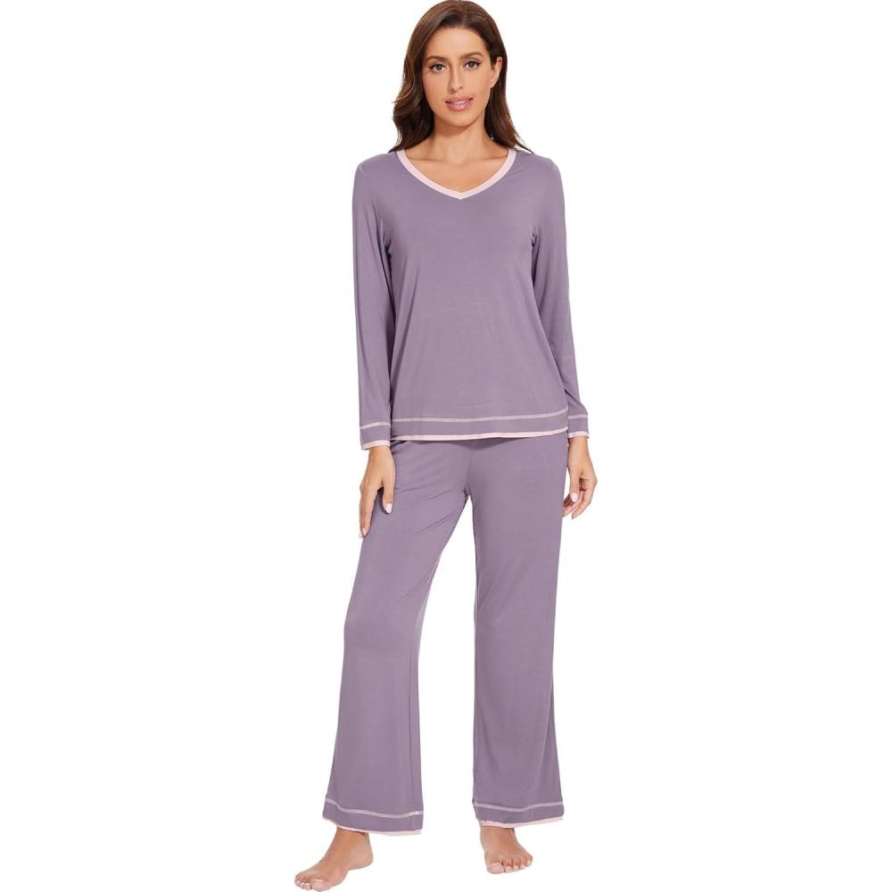 imageWiWi Viscose from Bamboo Pajamas Sets for Women Soft Tops with Pants Sleepwear Vneck Pj Set with Pockets SXXLViolet