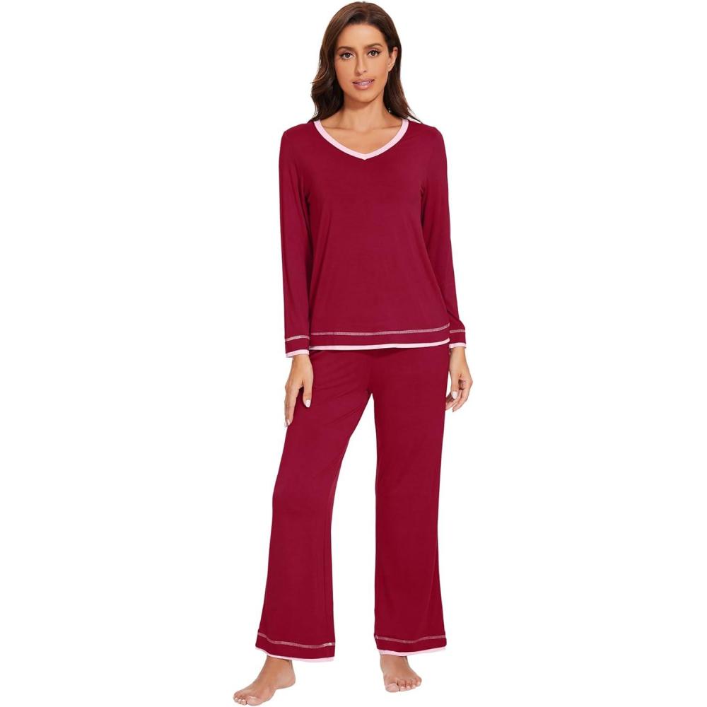 imageWiWi Viscose from Bamboo Pajamas Sets for Women Soft Tops with Pants Sleepwear Vneck Pj Set with Pockets SXXLWine Red