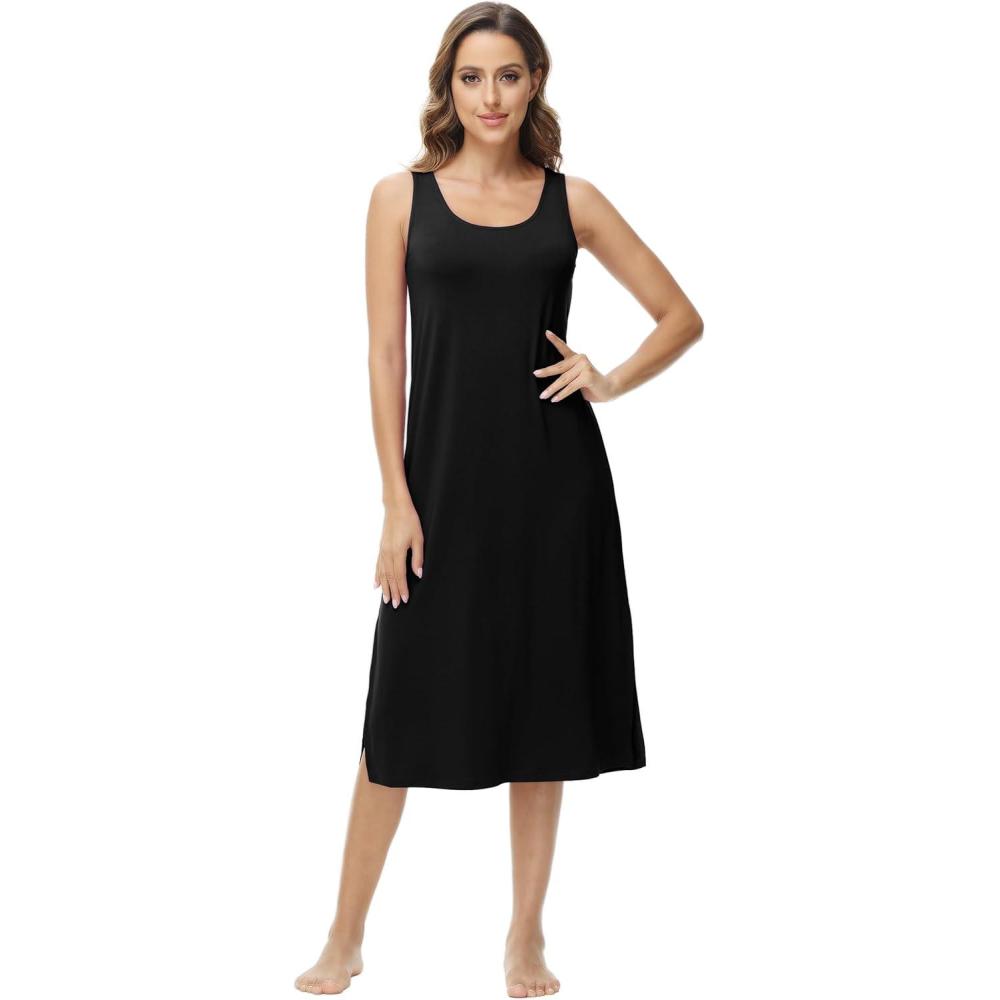imageWiWi Viscose from Bamboo Tank Nightgown for Women UNeck Summer Sleeveless Sleep Shirts SXXLAblack