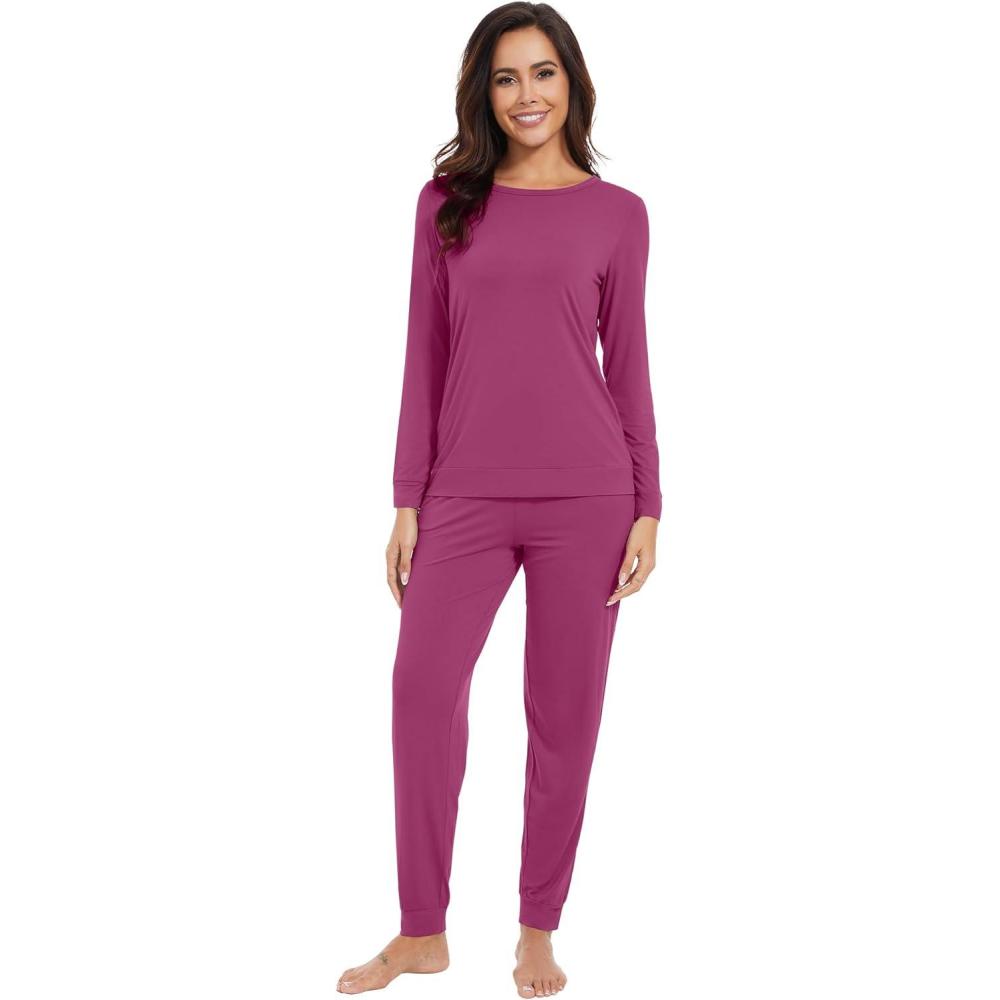 imageWiWi Viscose from Bamboo Womens Long Sleeve Pajama Sets Sleepwear with Jogger Pajamas Pants Soft Lounge Set Loungewear SXXLBeet Red