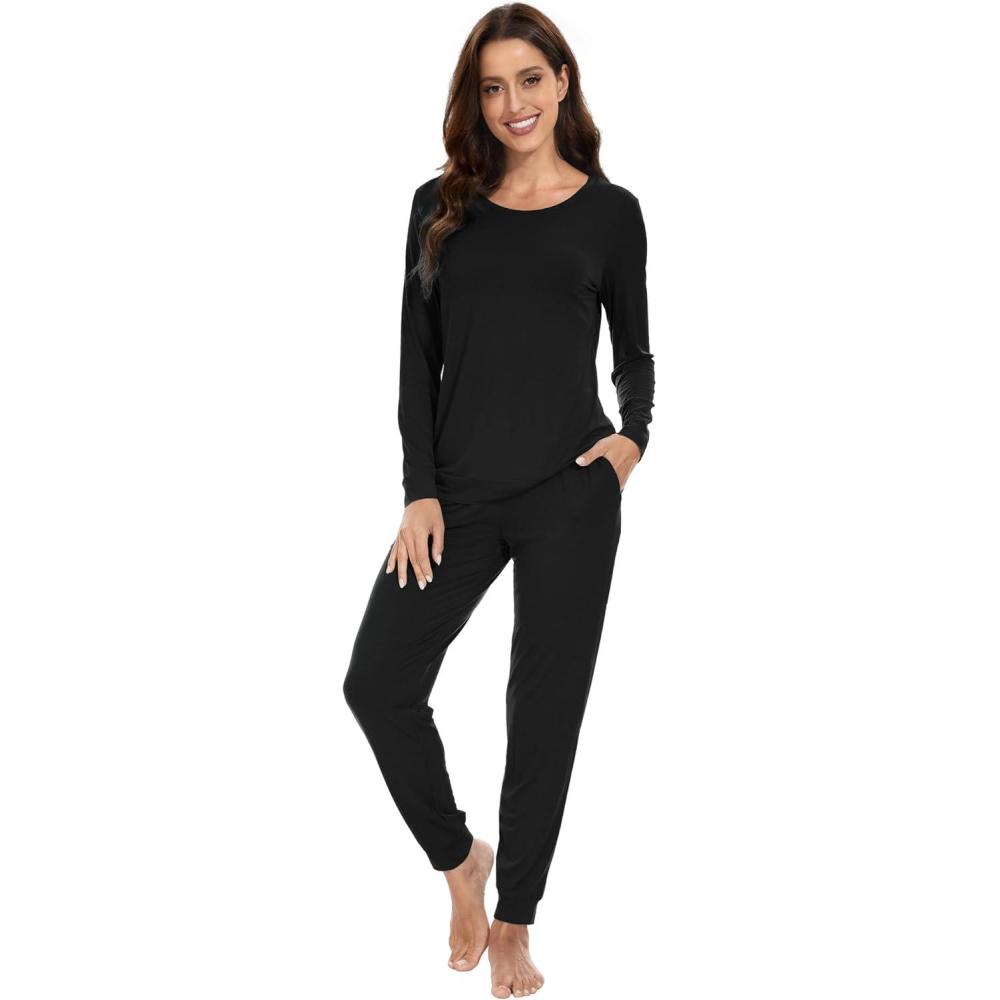 imageWiWi Viscose from Bamboo Womens Long Sleeve Pajama Sets Sleepwear with Jogger Pajamas Pants Soft Lounge Set Loungewear SXXLBlack