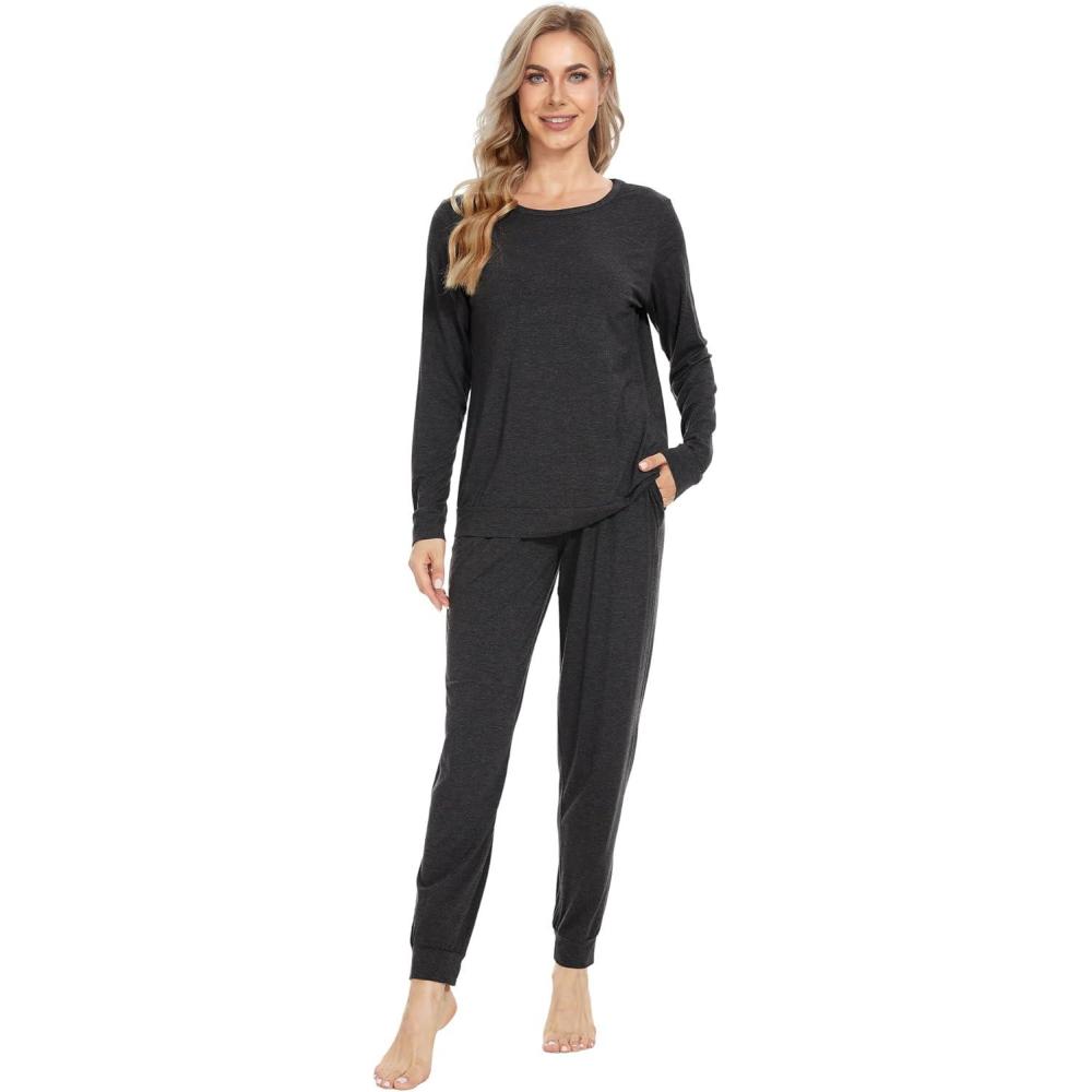 imageWiWi Viscose from Bamboo Womens Long Sleeve Pajama Sets Sleepwear with Jogger Pajamas Pants Soft Lounge Set Loungewear SXXLCharcoal Heather