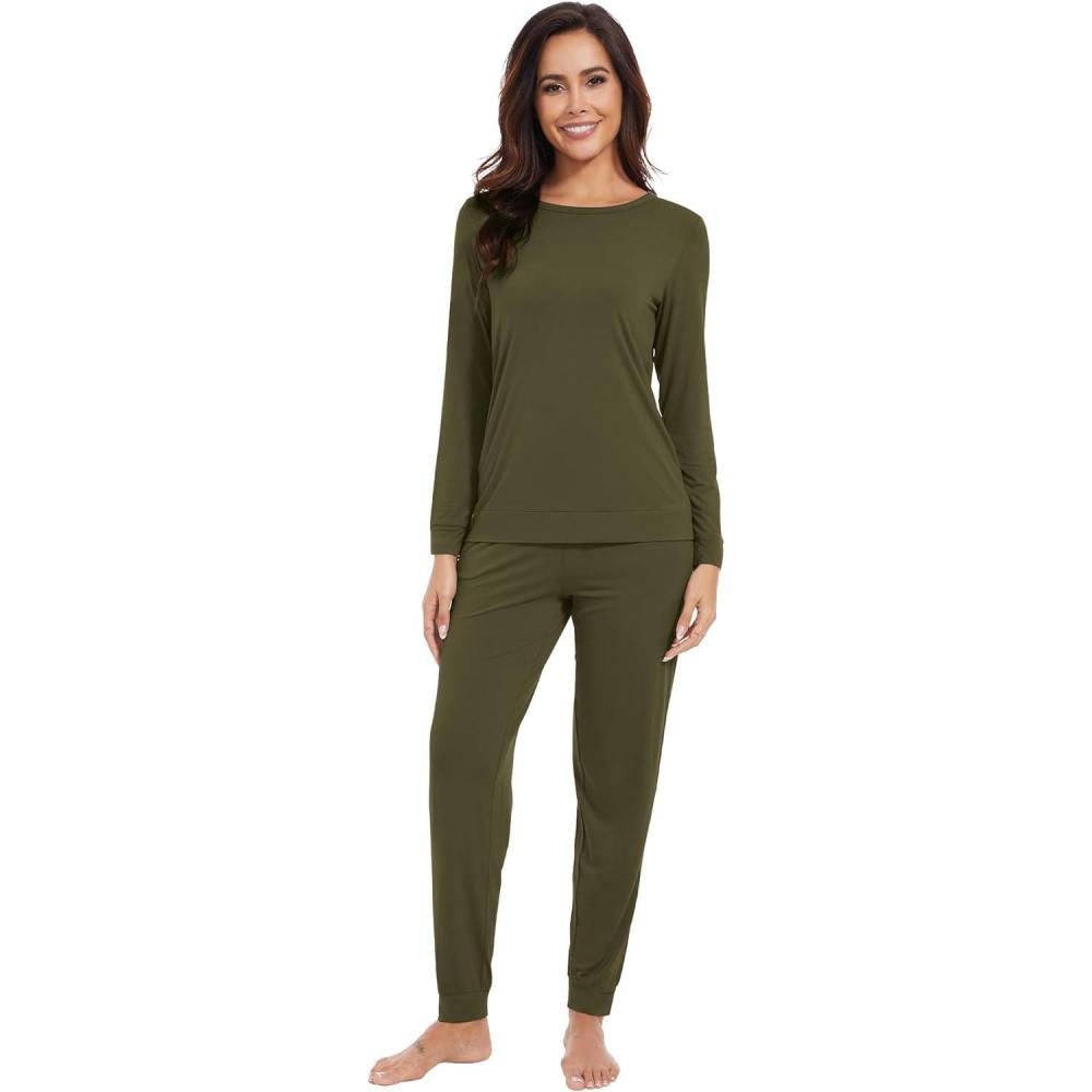imageWiWi Viscose from Bamboo Womens Long Sleeve Pajama Sets Sleepwear with Jogger Pajamas Pants Soft Lounge Set Loungewear SXXLDark Army Green