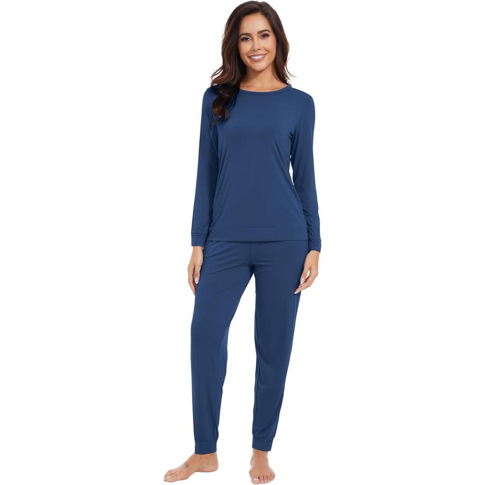 imageWiWi Viscose from Bamboo Womens Long Sleeve Pajama Sets Sleepwear with Jogger Pajamas Pants Soft Lounge Set Loungewear SXXLInk Blue