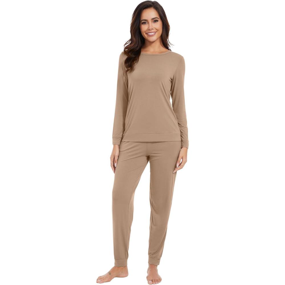 imageWiWi Viscose from Bamboo Womens Long Sleeve Pajama Sets Sleepwear with Jogger Pajamas Pants Soft Lounge Set Loungewear SXXLKhaki