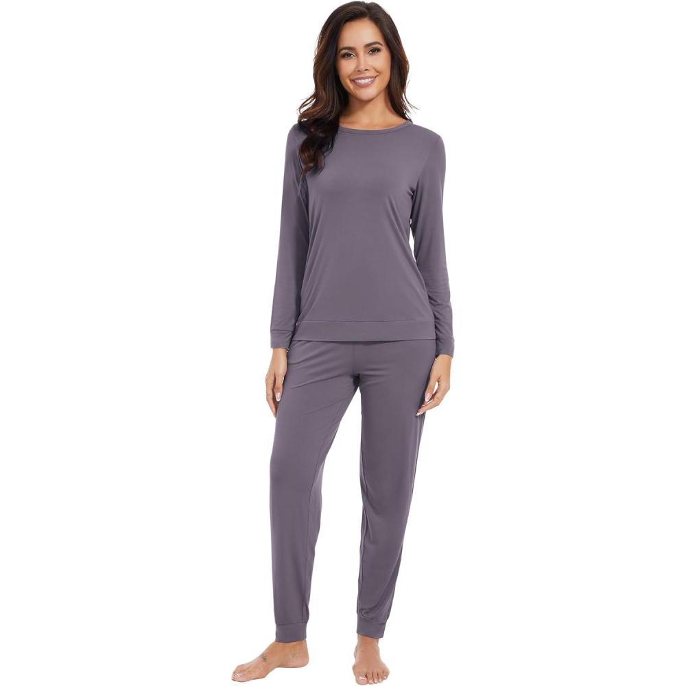 imageWiWi Viscose from Bamboo Womens Long Sleeve Pajama Sets Sleepwear with Jogger Pajamas Pants Soft Lounge Set Loungewear SXXLPurplish Grey