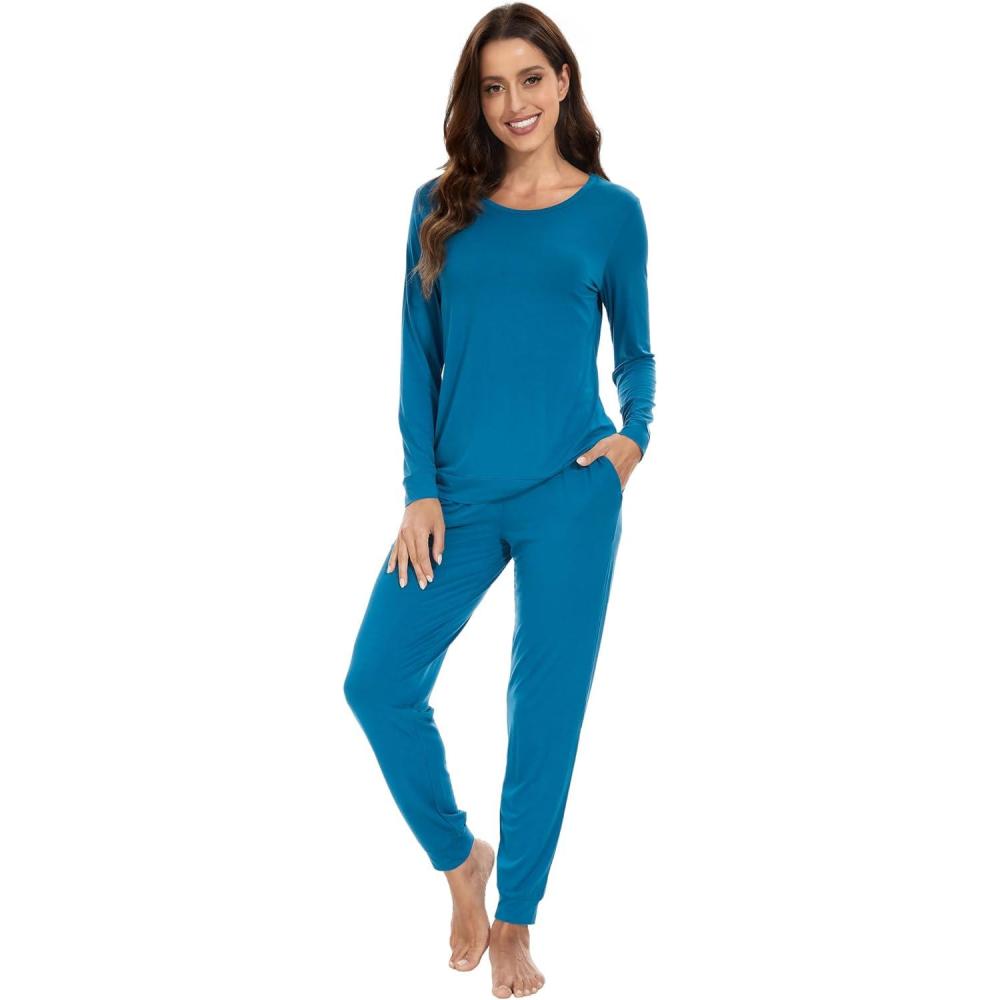 imageWiWi Viscose from Bamboo Womens Long Sleeve Pajama Sets Sleepwear with Jogger Pajamas Pants Soft Lounge Set Loungewear SXXLTeal Blue