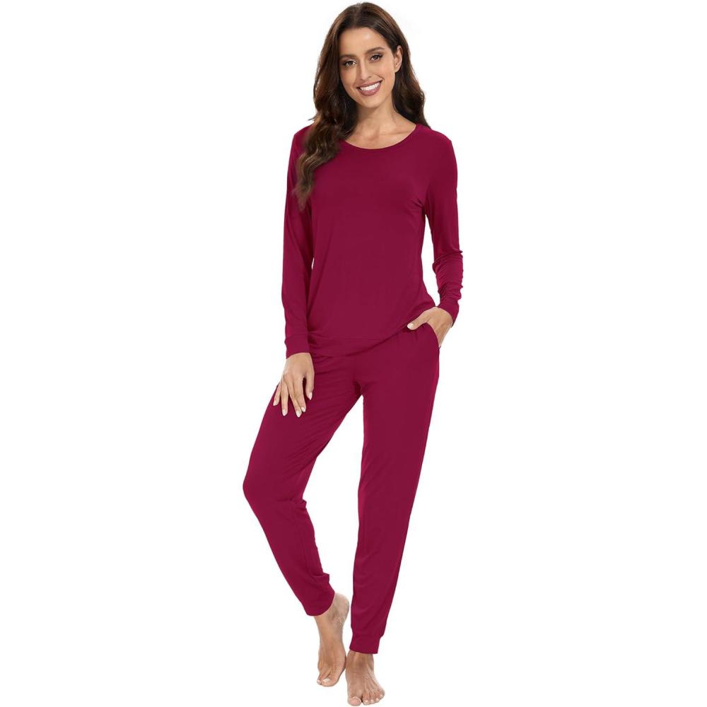 imageWiWi Viscose from Bamboo Womens Long Sleeve Pajama Sets Sleepwear with Jogger Pajamas Pants Soft Lounge Set Loungewear SXXLWine