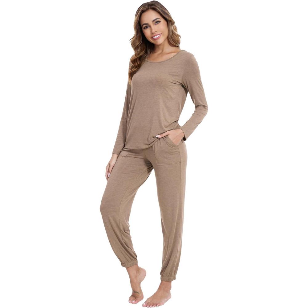 imageWiWi Viscose from Bamboo Womens Pajamas Set Soft Long Sleeve Top with Bottoms Crew Neck and Pockets SXXLCamel