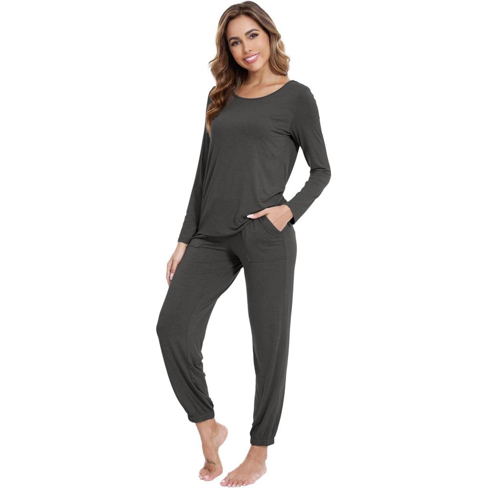 imageWiWi Viscose from Bamboo Womens Pajamas Set Soft Long Sleeve Top with Bottoms Crew Neck and Pockets SXXLCharcoal Heather