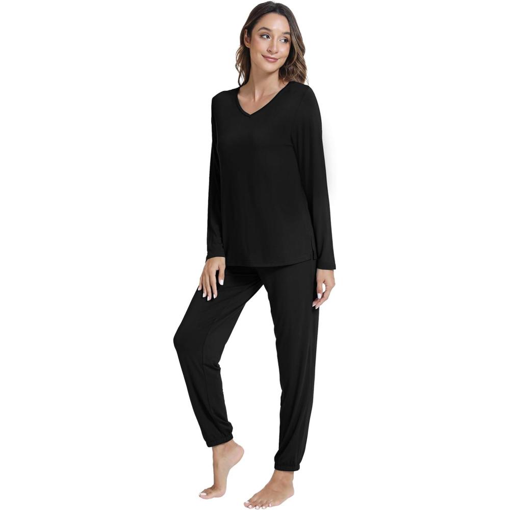 imageWiWi Womens Pajama Set Soft Long Sleeve Pajamas Viscose from Bamboo Top and Bottom Vneck Sleepwear Nightwear SXXLBlack