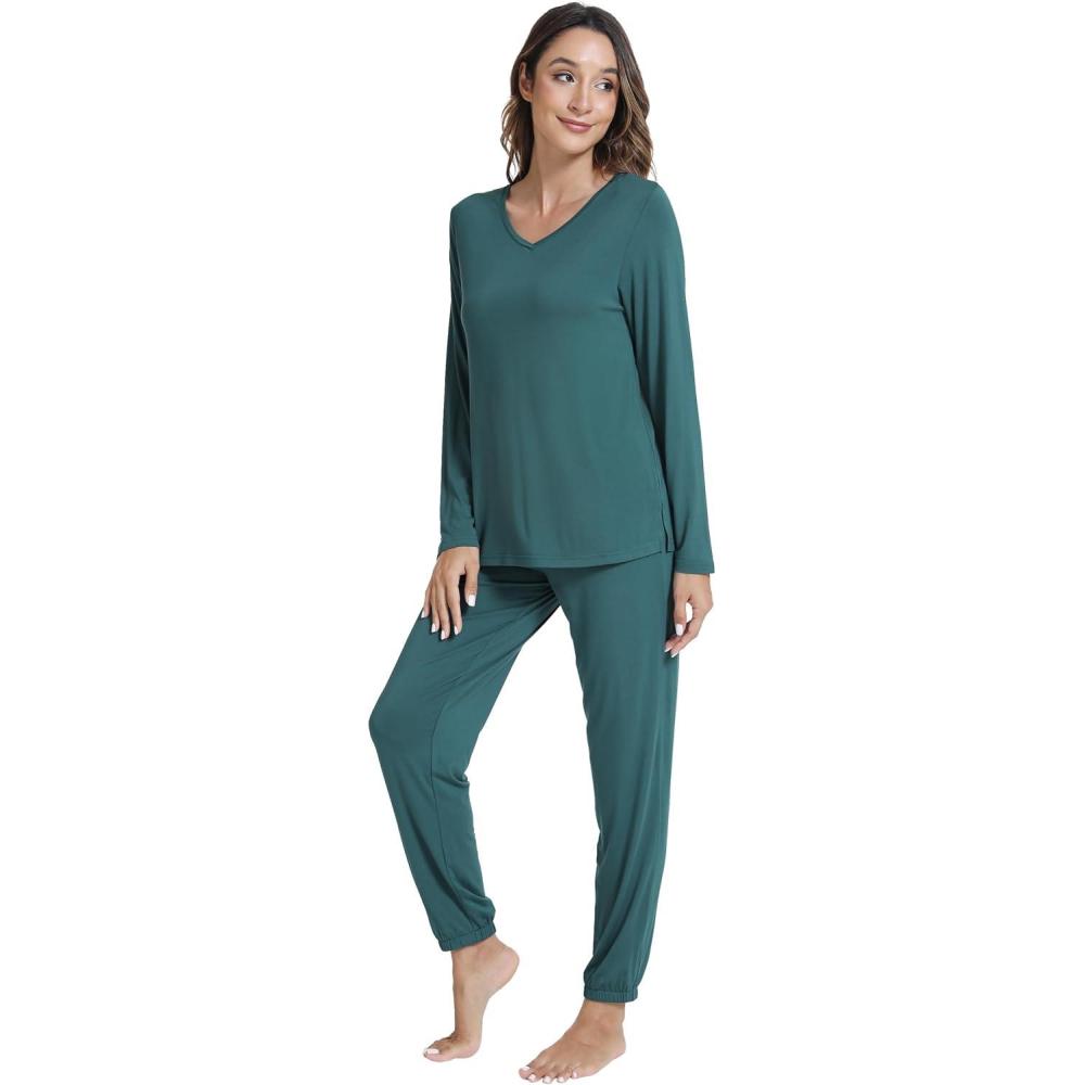 imageWiWi Womens Pajama Set Soft Long Sleeve Pajamas Viscose from Bamboo Top and Bottom Vneck Sleepwear Nightwear SXXLNavy Blue