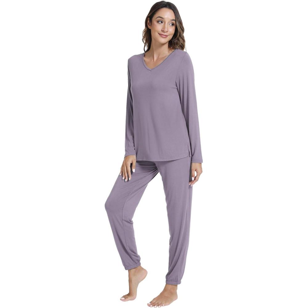 imageWiWi Womens Pajama Set Soft Long Sleeve Pajamas Viscose from Bamboo Top and Bottom Vneck Sleepwear Nightwear SXXLViolet