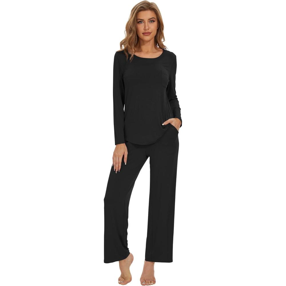 imageWiWi Womens Pajama Set Soft Long Sleeve Tee Pants Sleepwear 2 Piece Comfy Nightwear with Pockets Pjs SXXLAblack