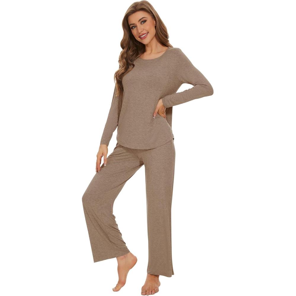 imageWiWi Womens Pajama Set Soft Long Sleeve Tee Pants Sleepwear 2 Piece Comfy Nightwear with Pockets Pjs SXXLAcamel