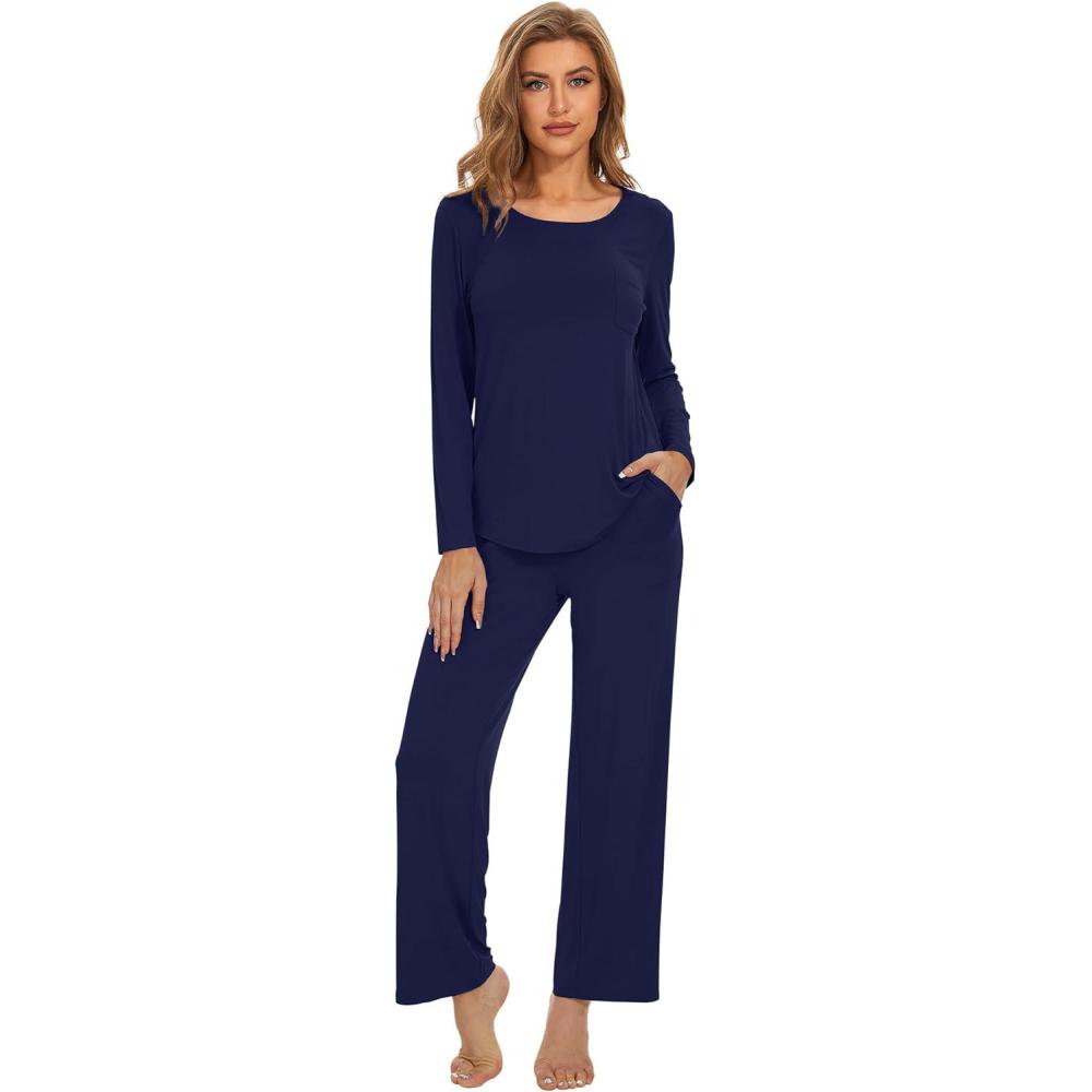 imageWiWi Womens Pajama Set Soft Long Sleeve Tee Pants Sleepwear 2 Piece Comfy Nightwear with Pockets Pjs SXXLAnavy
