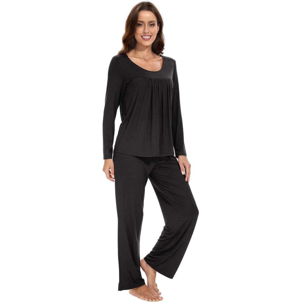 imageWiWi Womens Pajama Set Soft Long Sleeve Tee Pants Sleepwear 2 Piece Comfy Nightwear with Pockets Pjs SXXLBblack