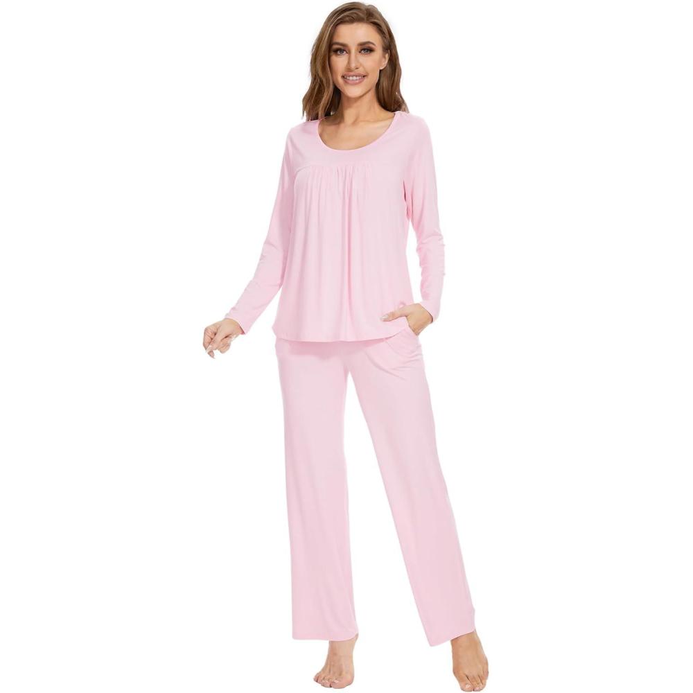 imageWiWi Womens Pajama Set Soft Long Sleeve Tee Pants Sleepwear 2 Piece Comfy Nightwear with Pockets Pjs SXXLBblush Pink