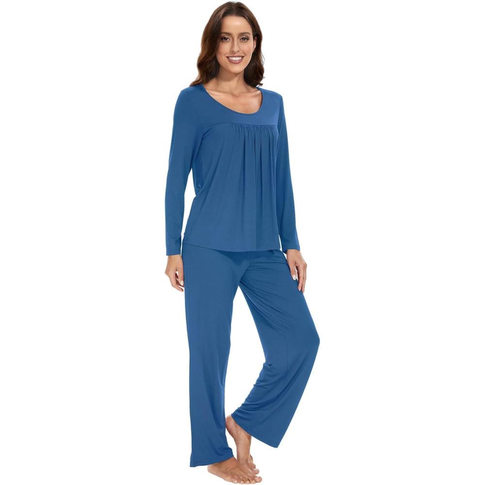 imageWiWi Womens Pajama Set Soft Long Sleeve Tee Pants Sleepwear 2 Piece Comfy Nightwear with Pockets Pjs SXXLBprussian Blue