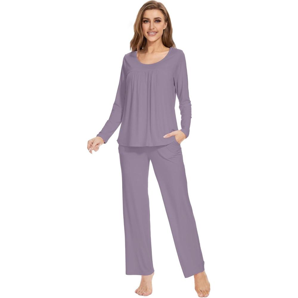 imageWiWi Womens Pajama Set Soft Long Sleeve Tee Pants Sleepwear 2 Piece Comfy Nightwear with Pockets Pjs SXXLBviolet