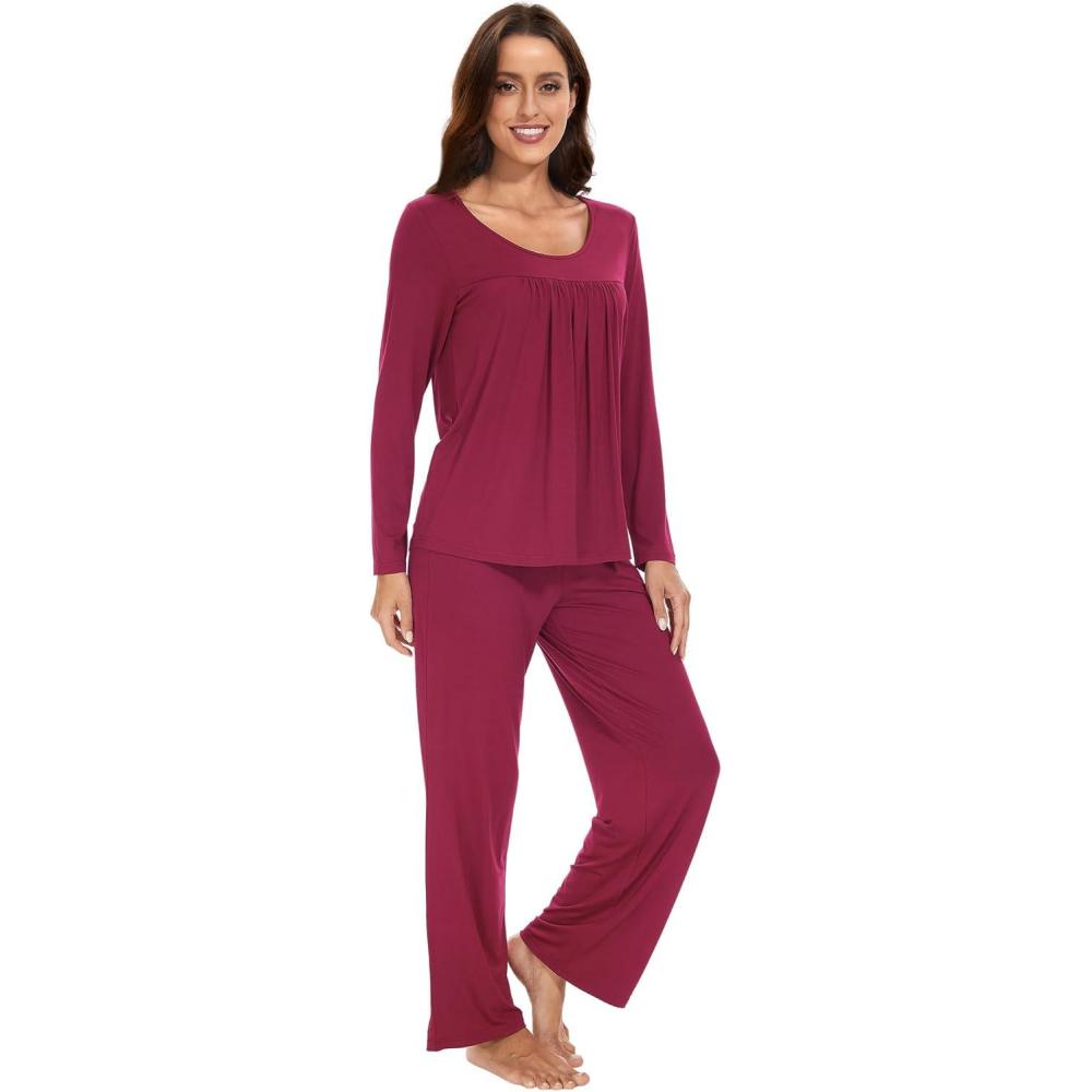 imageWiWi Womens Pajama Set Soft Long Sleeve Tee Pants Sleepwear 2 Piece Comfy Nightwear with Pockets Pjs SXXLBwine