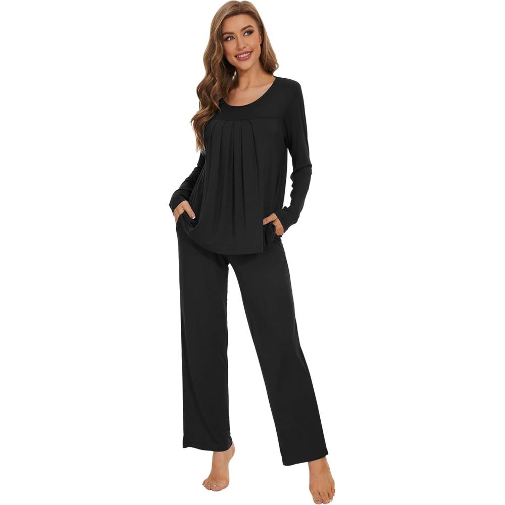 imageWiWi Womens Pajama Set Soft Long Sleeve Tee Pants Sleepwear 2 Piece Comfy Nightwear with Pockets Pjs SXXLCblack