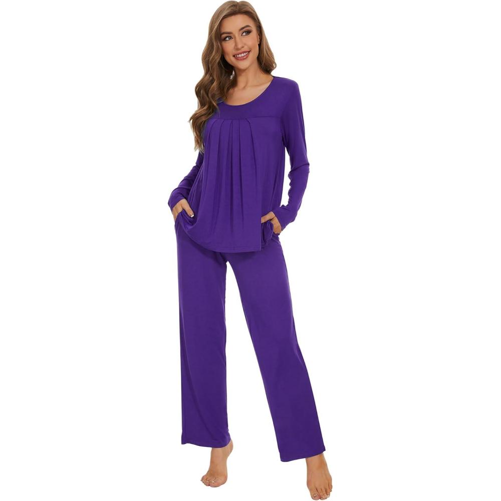 imageWiWi Womens Pajama Set Soft Long Sleeve Tee Pants Sleepwear 2 Piece Comfy Nightwear with Pockets Pjs SXXLCdark Purple