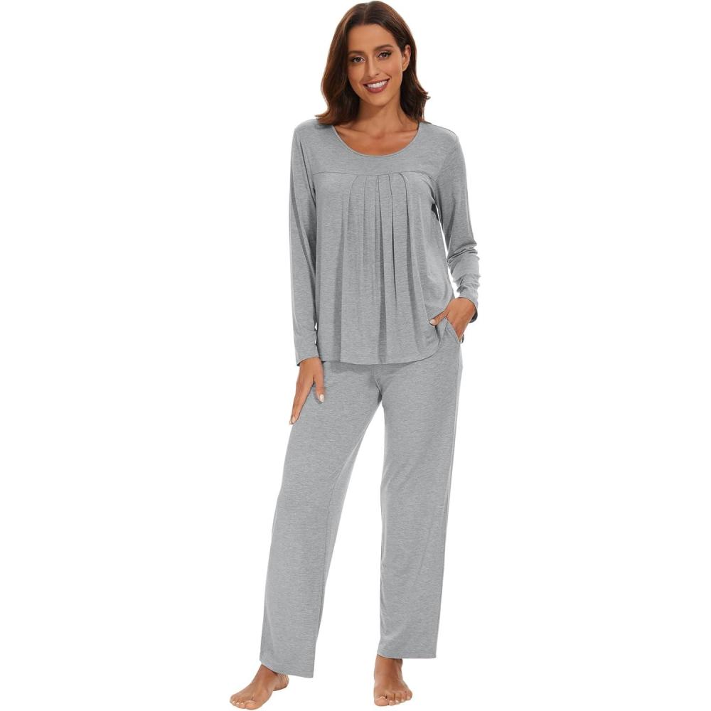 imageWiWi Womens Pajama Set Soft Long Sleeve Tee Pants Sleepwear 2 Piece Comfy Nightwear with Pockets Pjs SXXLCheather Grey