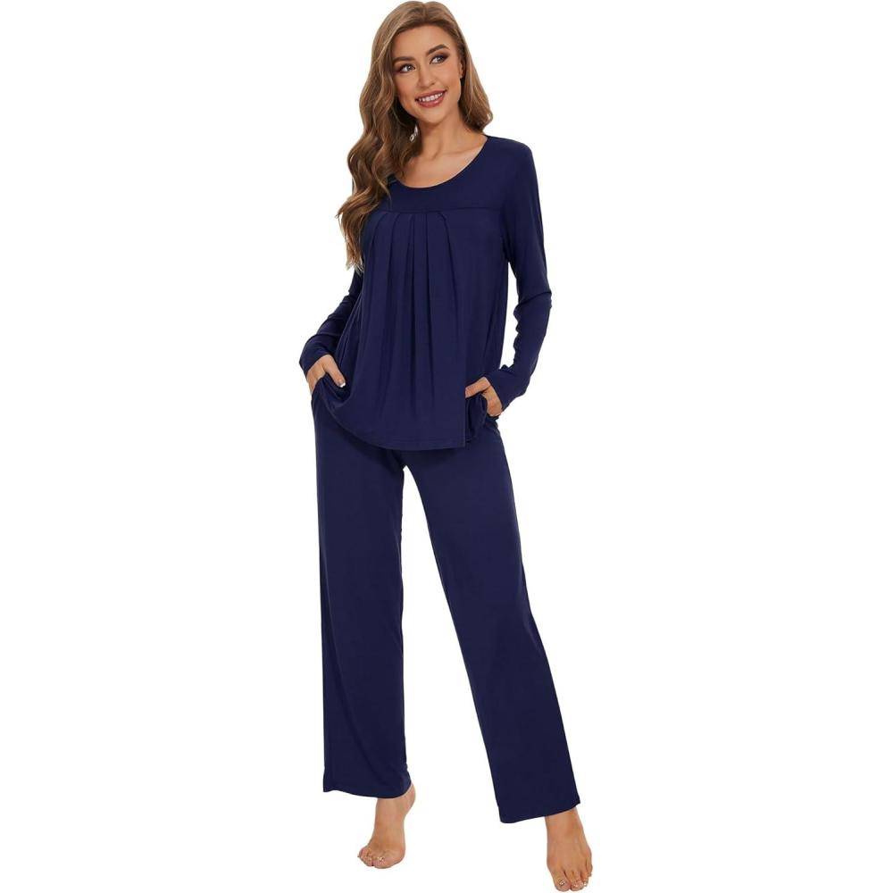 imageWiWi Womens Pajama Set Soft Long Sleeve Tee Pants Sleepwear 2 Piece Comfy Nightwear with Pockets Pjs SXXLCnavy